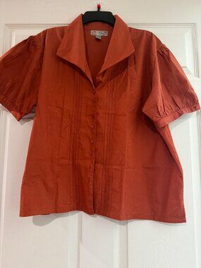 Envy Me Womens 2X Rust Orange Button-Up Short Sleeve Blouse 100% Cotton Made In